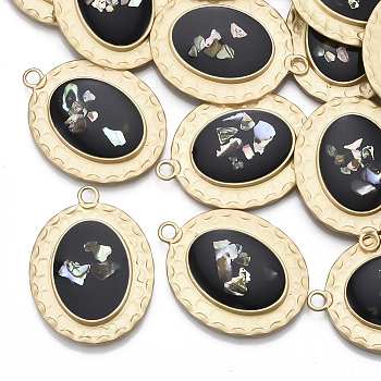 Smooth Surface Alloy Pendants, with Shell and Enamel, Oval, Matte Gold Color, Black, 31x23.5x3.5mm, Hole: 2mm