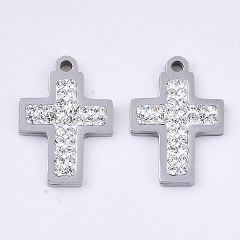 201 Stainless Steel Pendants, with Polymer Clay Crystal Rhinestone, for Religion, Cross, Stainless Steel Color, 19x13x2~3mm, Hole: 1.6mm