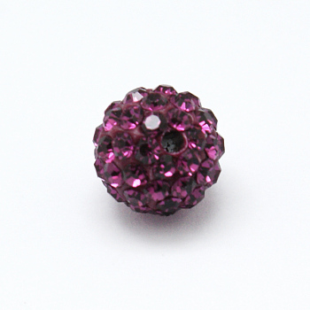 Pave Disco Ball Beads, Polymer Clay Rhinestone Beads, Grade A, Round, Fuchsia, PP12(1.8~1.9mm), 8mm, Hole: 1mm