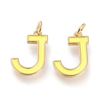 Brass Enamel Pendants, with Jump Ring, Long-Lasting Plated, Real 18K Gold Plated, Letter.J, Champagne Yellow, Letter.J, J: 17x12.5x1.8mm, Jump Rings: Inner Diameter: 3mm
