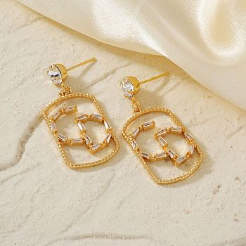 Geometric Hollow Brass Clear Cubic Zirconia Stud Earrings, Fashionable Versatile Ear Jewelry, Golden, 35x17mm