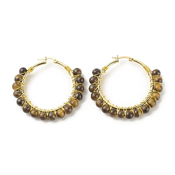 Natural Tiger Eye Beaded Hoop Earrings for Women, Real 18K Gold Plated Wire Wrap Big Circle Hoop Earrings, 47~49x51~52x6~6.6mm, Pin: 1.4x0.4mm