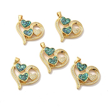 Rack Plating Brass Micro Pave Cubic Zirconia with Synthetic Opal Pendants, with Jump Ring, Lead Free & Cadmium Free, Long-Lasting Plated, Heart, Real 18K Gold Plated, 24.5x25.5x4.5mm, Hole: 5x3.6mm