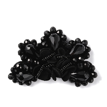 Glass Rhinestone Sew on Ornament Accessories, with Felting, Flower, for Shoes, Clothes, Bag Decoration, Black, 50x70x11mm