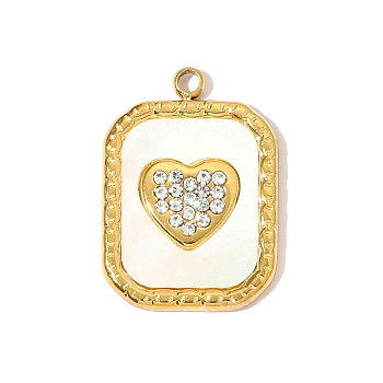 304 Stainless Steel Rhinestone Pendants, Hand Polished Heart Charms, with Shell, Ion Plating(IP), Real 18K Gold Plated, White, 18x13mm