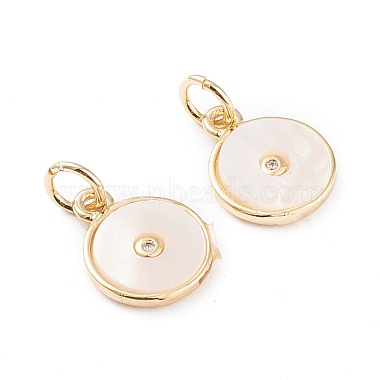 Real 18K Gold Plated White Flat Round Brass+Cubic Zirconia+Shell Charms