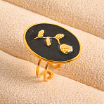 Adjustable 304 Stainless Steel with Enamel Cuff Open Rings for Women, Oval with Rose Flower, Golden, 26mm, Inner Diameter: 19mm(XR0969-5)