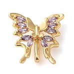 3 Hole Brass Micro Pave Cubic Zirconia Multi-Strand Links, Cadmium Free & Nickel Free & Lead Free, Butterfly, Real 18K Gold Plated, Lilac, 16x16x6mm, Hole: 1.6mm(KK-G503-36G-02)