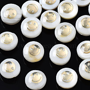 Freshwater Shell Beads, Golden Metal Enlaced, Flat Round with Smiling Face, White, 8.5x3.5~5mm, Hole: 0.8mm(SHEL-T018-19)
