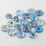 Blue and White Floral Printed Glass Cabochons, Half Round/Dome, Steel Blue, 14x5mm(X-GGLA-A002-14mm-XX)