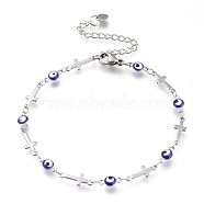 304 Stainless Steel Link Bracelets, with Enamel and Lobster Claw Clasps, Evil Eye & Cross, Blue, Stainless Steel Color, 7-7/8 inch(20cm)(BJEW-M203-03P)