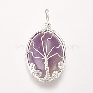 Natural Amethyst Pendants, with Brass Findings, Oval with Tree, Silver Color Plated, 39~39.5x22~23x9~10mm, Hole: 4mm(G-I205-A-04S)