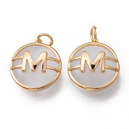 Cat Eye Pendants, with Brass Findings and Jump Rings, Flat Round with Letter M, Nickel Free, Real 18K Gold Plated, 15.5x14x5mm, Hole: 3mm(KK-R116-041-NF)