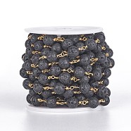 Handmade Natural Lava Rock Beaded Chains, Unwelded, with Brass Findings, with Spool, Round, Golden, 6mm, about 32.8 Feet(10m)/roll(CHC-F007-03-6mm)