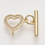 Brass Micro Pave Clear Cubic Zirconia Toggle Clasps, with Jump Rings, Nickel Free, Heart, Real 18K Gold Plated, Heart: 12x12.5x1.5mm, Hole: 1mm, Bar: 15x2mm, Hole: 1mm, Jump Ring: 5x0.8mm, 3mm Inner Diameter(X-KK-T054-13G-NF)