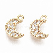 Brass Micro Pave Cubic Zirconia Charms, Nickel Free, Real 18K Gold Plated, Moon, Clear, 9x6.5x1.5mm, Hole: 1mm(ZIRC-T011-07G-NF)