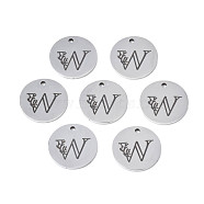 304 Stainless Steel Charms, Laser Cut, Designed Letter Engraved, Flat Round, Stainless Steel Color, Letter.W, 14x1mm, Hole: 1.2mm(STAS-T059-26P-W)
