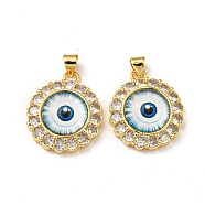 Real 18K Gold Plated Brass Pendants, with Glass and Acrylic, Flat Round with Evil Eye Charms, Light Blue, 23.5x20x7mm, Hole: 4x3.5mm(KK-L209-008G-06)