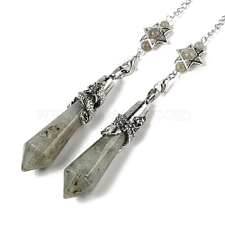 Natural Labradorite Cone Dowsing Pendulum Big Pointed Pendants, with Antique Silver Tone Brass Findings, 312mm(AJEW-Z041-01B-AS)