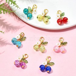 8Pcs 8 Colors Cherry Glass Pendant Decorations, Lobster Claw Clasps Charms for Bag Ornaments, Mixed Color, 26.5mm, 1pc/color(HJEW-JM02716)