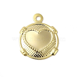 Brass Charms, Flat Round with Heart Pattern Charms, Real 24K Gold Plated, 14x11x1mm, Hole: 1.2mm(KK-P259-28G)