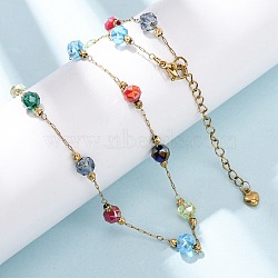 304 Stainless Steel with Faceted Round Glass Bead Cable Chain Necklaces for Women, Ion Plating(IP), Colorful, Golden, 16.93 inch(43cm)(NJEW-G190-02G)