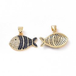 Brass Micro Pave Clear Cubic Zirconia Pendants, Fish, Marine Blue, 21x14.5x3~3.5mm, Hole: 3.5x5mm(ZIRC-F135-02G-01)