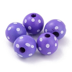 Dyed Natural Wooden Beads, Macrame Beads Large Hole, Round with Polka Dot, Medium Purple, 16x15mm, Hole: 4mm(WOOD-O005-01E)