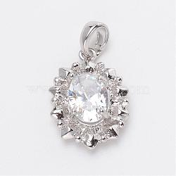 Flower Brass Cubic Zirconia Pendants, Platinum, 17x12x4.5mm, Hole: 3x4mm(ZIRC-F023-03)