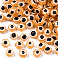 Resin Beads, Flat Round, Evil Eye, Orange, 7.5~8x5~6mm, Hole: 1.8~2mm(X-RESI-S339-6x8-23)