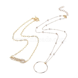 Ring & Safety Pin Shape Pendant Necklace Sets, with Brass Cable Chains and Paperclip Chains, Alloy Toggle Clasps and 304 Stainless Steel Lobster Claw Clasps, Golden, 15.94 inch(40.5cm) and 20 inch(51cm), 2pcs/set(NJEW-JN02833)