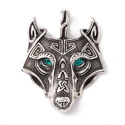 304 Stainless Steel Pendants, with Rhinestone Eyes, Wolf, Turquoise, 49x39x7mm, Hole: 5.5X9.5mm(STAS-M299-05AS-B)