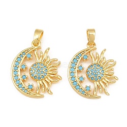 Brass Micro Pave Sky Blue Cubic Zirconia Pendants, Moon & Sun Charms, Real 18K Gold Plated, 21x17x2.5mm, Hole: 4.5x2.5mm(CU-CBAA571-04G)