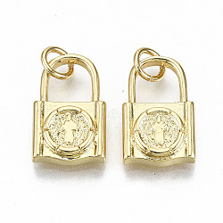 Brass Charms, with Jump Rings, Nickel Free, Padlock with Saint, Real 16K Gold Plated, 15x9.5x3mm, Jump Ring: 5x0.8mm, 3.4mm inner diameter(KK-S313-15-NF)