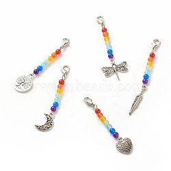Chakra Theme Natural & Dyed Malaysia Jade Beaded Pendant Decorations, with Lobster Claw Clasps, Tibetan Style Alloy Pendants, Mixed Shape, Colorful, 6.5cm(HJEW-JM00641)