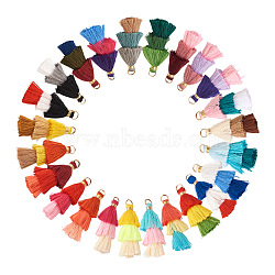 96Pcs 24 Colors Polycotton(Polyester Cotton) Tassel Pendant Decorations, with Iron Findings, Golden, Mixed Color, 39~40x19~26x6~7mm, Hole: 4mm, 4pcs/color(FIND-TA0001-27)