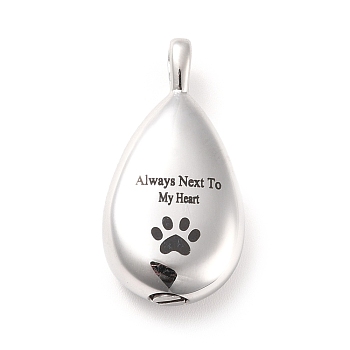 304 Stainless Steel Urn Pendants, Teardrop with Paw Print Pattern, Stainless Steel Color, 31x16x8mm, Hole: 4.5x2.5mm