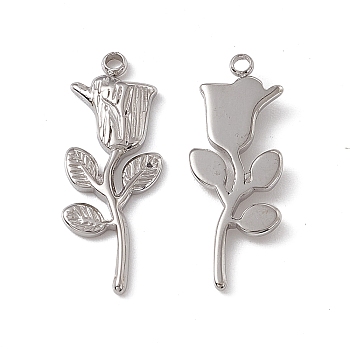 201 Stainless Steel Pendants, Rose Charm, Stainless Steel Color, 24x9x2mm, Hole: 1mm