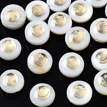 Freshwater Shell Beads, Golden Metal Enlaced, Flat Round with Smiling Face, White, 8.5x3.5~5mm, Hole: 0.8mm