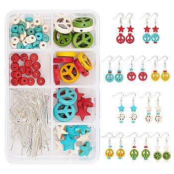 SUNNYCLUE DIY Peace Theme Earring Making Kits, Including Peace Sign & Star & Rondelle Synthetic Turquoise Beads, Iron Flat Head Pins, Brass Earring Hooks, Mixed Color, Total: 152pcs/box
