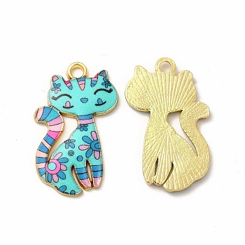 Printed Alloy Pendants, Lead Free & Cadmium Free & Nickel Free, Cat Charm, Golden, Turquoise, 26x17x2mm, Hole: 2mm