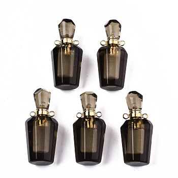 Faceted Natural Smoky Quartz Pendants, Openable Perfume Bottle, with Golden Tone Brass Findings, Bottle, 36x15.5x15mm, Hole: 1.8mm, Bottle Capacity: 1ml(0.034 fl. oz)