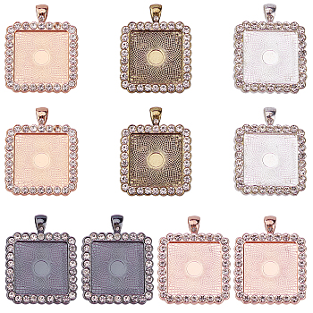 Alloy Rhinestone Pendant Cabochon Settings, Picture Memory Frame Pendants, Square, Mixed Color, Tray: 25x25mm, 43x34x3mm, Hole: 4x7mm, 5 colors, 2pcs/color, 10pcs/set