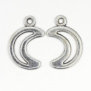 Tibetan Style Alloy Pendants, Moon, Antique Silver, Lead Free & Cadmium Free, 17x11x1mm, Hole: 1.5mm