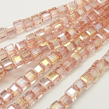 Electroplate Glass Beads Strands, AB Color Plated, Faceted, Cube, Misty Rose, 6x6x6mm, Hole: 1mm