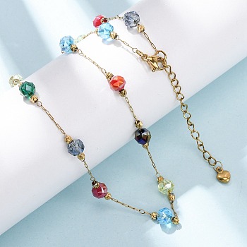 304 Stainless Steel with Faceted Round Glass Bead Cable Chain Necklaces for Women, Ion Plating(IP), Colorful, Golden, 16.93 inch(43cm)