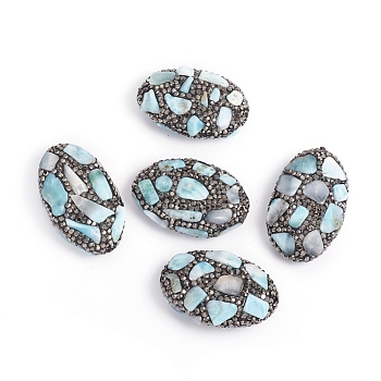 Polymer Clay Rhinestone Beads, with Natural Larimar, Oval, Jet Hematite, 44~47.5x27.5~30x15~16.5mm, Hole: 1.8mm