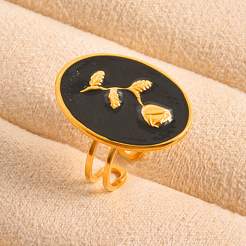 Adjustable 304 Stainless Steel with Enamel Cuff Open Rings for Women, Oval with Rose Flower, Golden, 26mm, Inner Diameter: 19mm