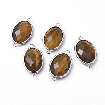 Platinum Tone Brass Tiger Eye Links connectors, Faceted, Oval, 26.5x15x6mm, Hole: 1~2mm
