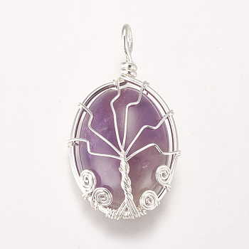 Natural Amethyst Pendants, with Brass Findings, Oval with Tree, Silver Color Plated, 39~39.5x22~23x9~10mm, Hole: 4mm